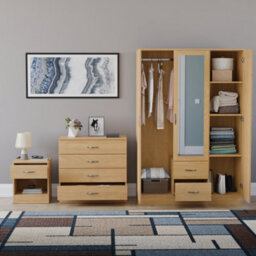 Lassic Vida Designs Riano 3 Piece Bedroom Set (1 Drawer Bedside Chest, 4 Drawer Chest, 3 Door 2 Drawer Mirrored Wardrobe), Pine - thumbnail 2