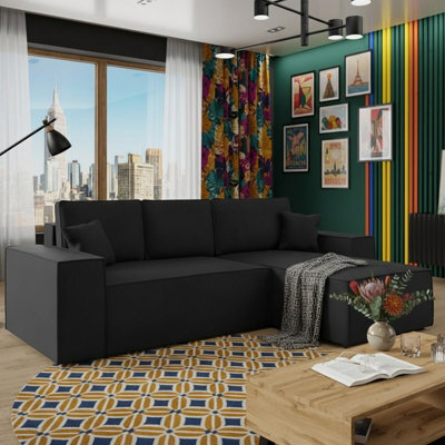Malaga L Shaped Mdf Corner Sofa Bed With Storage Dl Pull-Out Seat Loose Back Cushions 279X94X181 Black Right - image 1
