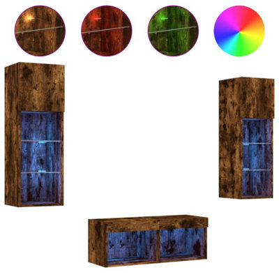 Berkfield Durable 4 Piece Tv Wall Cabinets With Led Lights Smoked Oak - image 1