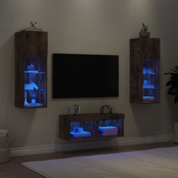 Berkfield Durable 4 Piece Tv Wall Cabinets With Led Lights Smoked Oak - thumbnail 2