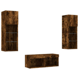 Berkfield Durable 4 Piece Tv Wall Cabinets With Led Lights Smoked Oak - thumbnail 3
