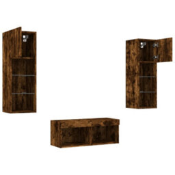 Berkfield Durable 4 Piece Tv Wall Cabinets With Led Lights Smoked Oak - thumbnail 6