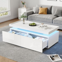 Matteo Modern High-Gloss White Coffee Table With Led Lights & 2 Drawers - 95X45X35Cm - thumbnail 1