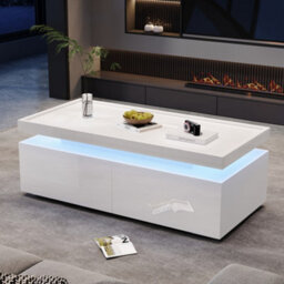 Matteo Modern High-Gloss White Coffee Table With Led Lights & 2 Drawers - 95X45X35Cm - thumbnail 5