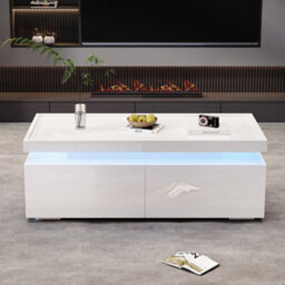Matteo Modern High-Gloss White Coffee Table With Led Lights & 2 Drawers - 95X45X35Cm - thumbnail 4