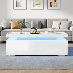 Matteo Modern High-Gloss White Coffee Table With Led Lights & 2 Drawers - 95X45X35Cm - thumbnail 3