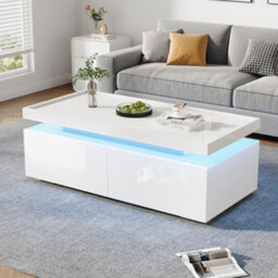 Matteo Modern High-Gloss White Coffee Table With Led Lights & 2 Drawers - 95X45X35Cm - thumbnail 2