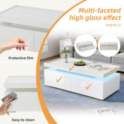 Matteo Modern High-Gloss White Coffee Table With Led Lights & 2 Drawers - 95X45X35Cm - thumbnail 9