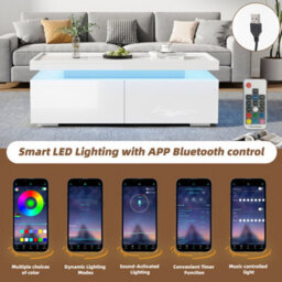 Matteo Modern High-Gloss White Coffee Table With Led Lights & 2 Drawers - 95X45X35Cm - thumbnail 8