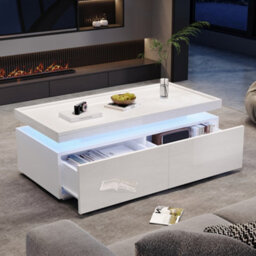 Matteo Modern High-Gloss White Coffee Table With Led Lights & 2 Drawers - 95X45X35Cm - thumbnail 6