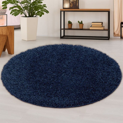 STALWART 120Cm Round Navy Blue Shaggy Rug - 5Cm Thick Pile Soft Touch Modern Round Rug - Washable Area Rug - image 1