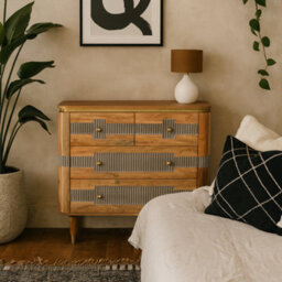 Wyld Haus Idaho Natural Acacia Wood Display Unit With Brass Accents And Fluted Drawer Tall Narrow Chest For Living Room - thumbnail 1