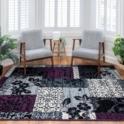 Loomed Purple Black Grey Floral Patchwork Living Room Rug 160X230Cm - image 1