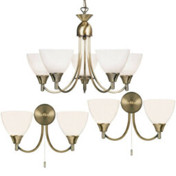 5 Lamp Ceiling & 2X Twin Wall Light Pack Antique Brass Glass Matching Fittings