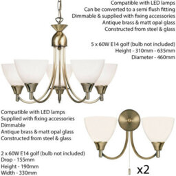 5 Lamp Ceiling & 2X Twin Wall Light Pack Antique Brass Glass Matching Fittings - thumbnail 2