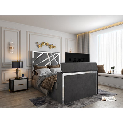 Morgan Upholstered Soft Velvet Grey Tv Bed Frame - image 1