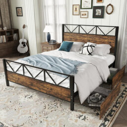 Matteo Durable 4Ft6 Double Metal Bed Frame With 2 Storage Drawers - Black & Wood Effect, Sturdy Diy Bed - thumbnail 2