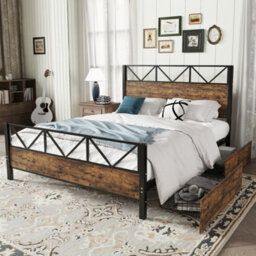 Matteo Durable 4Ft6 Double Metal Bed Frame With 2 Storage Drawers - Black & Wood Effect, Sturdy Diy Bed - thumbnail 1