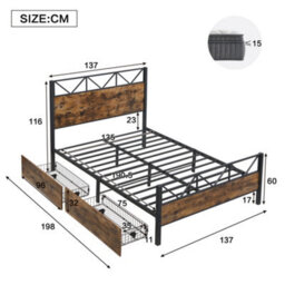 Matteo Durable 4Ft6 Double Metal Bed Frame With 2 Storage Drawers - Black & Wood Effect, Sturdy Diy Bed - thumbnail 4