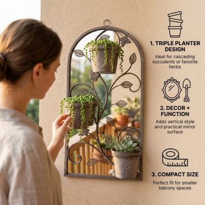Minster 69Cm Wall Mirror With Triple Planter - L15 X W33 X H69 Cm - image 1