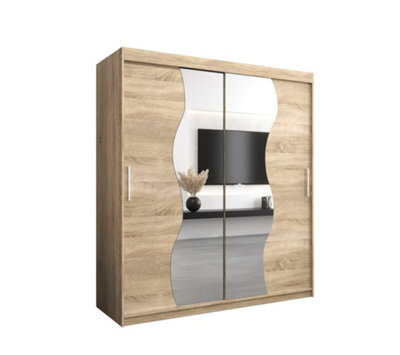 Arte Madrid Contemporary 2 Mirrored Sliding Door Wardrobe 9 Shelves 2 Rails Oak Sonoma Effect (H)2000mm (W)1800mm (D)620mm - image 1