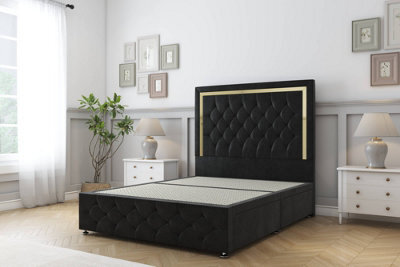 "Sloomy Sofia Gold Black Plush Divan Bed 2 Drawers Right Side-26"" Strutted Headboard 12"" Footboard 4'6 Double" - image 1