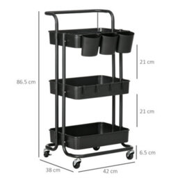 Homcom 3-Tier Utility Cart, Rolling Serving Trolley With Baskets, Black - thumbnail 3