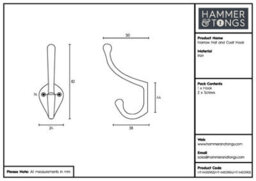 Hammer and Tongs Hammer & Tongs Narrow Hat & Coat Hook - W25mm X H80mm - Raw - thumbnail 4