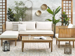 Beliani Garden Lounge Set With Table 4 Seater Cremona Right Hand Acacia Wood Off-White - thumbnail 2