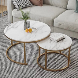 Modern 2 Piece Round Nesting Coffee Table Set With Gold Frame And White Wood Top - thumbnail 4