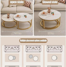 Modern 2 Piece Round Nesting Coffee Table Set With Gold Frame And White Wood Top - thumbnail 3