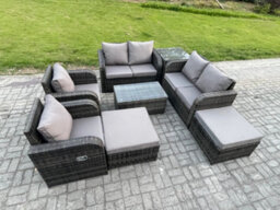 Fimous 8 Seater Rattan Garden Furniture Set Patio Outdoor Lounge Sofa Set With Rectangular Coffee Table 2 Big Footstool Love Sofa - thumbnail 2