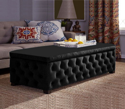 150Cm Wide Empire Ottoman Storage Box With Legs, Black Velvet Chesterfield Upholstered Ottoman Footstool Coffee Table - image 1