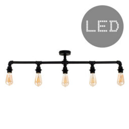 Valuelights Luiggi 5 Way Satin Black Pipework Bar Ceiling Light - Complete With 4W Led Filament Bulbs 2700K Warm White