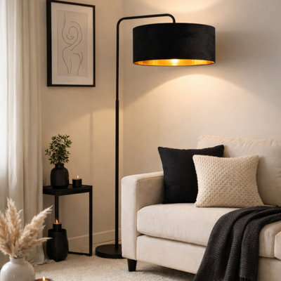CGC Interiors Cgc Kyra Black Angled Floor Lamp With Black 45Cm Velvet Lampshade - image 1