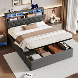 Abrihome 5Ft Grey Linen Upholstered Bed With Rgb Led Headboard - King Size Hydraulic Storage Bed, Concealed Charging Station - thumbnail 1