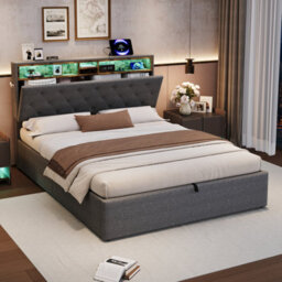 Abrihome 5Ft Grey Linen Upholstered Bed With Rgb Led Headboard - King Size Hydraulic Storage Bed, Concealed Charging Station - thumbnail 3