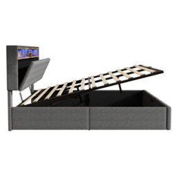 Abrihome 5Ft Grey Linen Upholstered Bed With Rgb Led Headboard - King Size Hydraulic Storage Bed, Concealed Charging Station - thumbnail 9