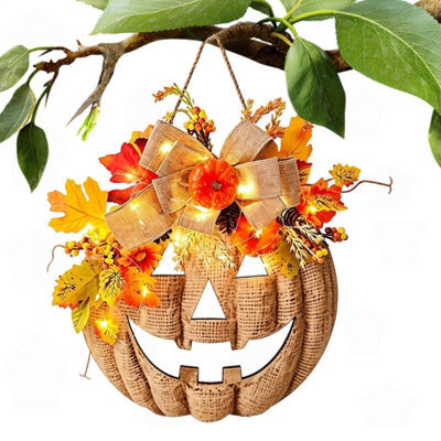 Amorly 13.8 Inch Lighted Artificial Autumn Pumpkin Wreath,fall Floral Wreath For Thanksgiving Halloween,farmhouse Decor For Porch Yard - image 1