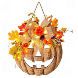 Amorly 13.8 Inch Lighted Artificial Autumn Pumpkin Wreath,fall Floral Wreath For Thanksgiving Halloween,farmhouse Decor For Porch Yard - thumbnail 6