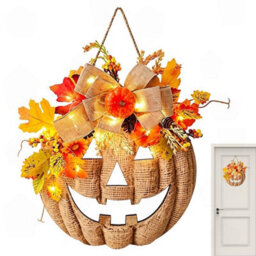 Amorly 13.8 Inch Lighted Artificial Autumn Pumpkin Wreath,fall Floral Wreath For Thanksgiving Halloween,farmhouse Decor For Porch Yard - thumbnail 5