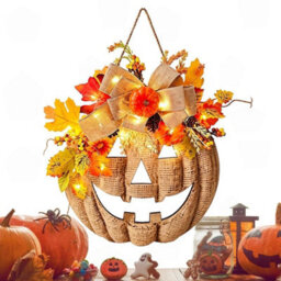 Amorly 13.8 Inch Lighted Artificial Autumn Pumpkin Wreath,fall Floral Wreath For Thanksgiving Halloween,farmhouse Decor For Porch Yard - thumbnail 7