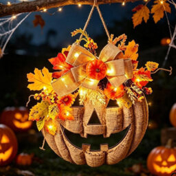 Amorly 13.8 Inch Lighted Artificial Autumn Pumpkin Wreath,fall Floral Wreath For Thanksgiving Halloween,farmhouse Decor For Porch Yard - thumbnail 2