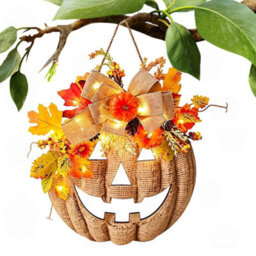 Amorly 13.8 Inch Lighted Artificial Autumn Pumpkin Wreath,fall Floral Wreath For Thanksgiving Halloween,farmhouse Decor For Porch Yard - thumbnail 1
