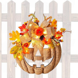 Amorly 13.8 Inch Lighted Artificial Autumn Pumpkin Wreath,fall Floral Wreath For Thanksgiving Halloween,farmhouse Decor For Porch Yard - thumbnail 3