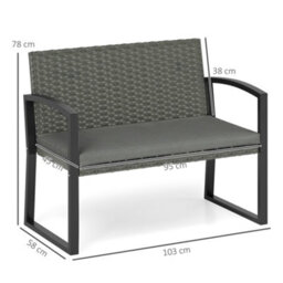 Outsunny 2 Seater Rattan Garden Bench With Cushion, Steel Frame, Dark Grey - thumbnail 3
