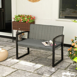 Outsunny 2 Seater Rattan Garden Bench With Cushion, Steel Frame, Dark Grey