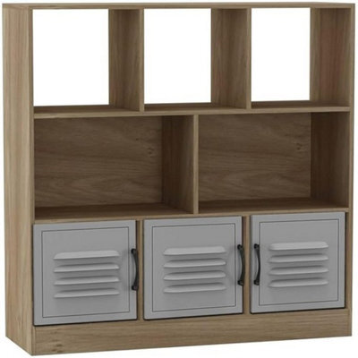 Urbn-Living Urbnliving Asymmetrical 8 Cube Oak Bookcase Freestanding Storage Unit With 3 Metal Doors - Grey - image 1
