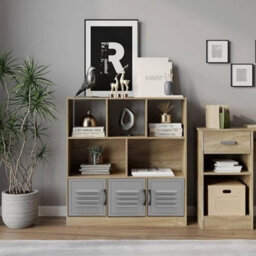 Urbn-Living Urbnliving Asymmetrical 8 Cube Oak Bookcase Freestanding Storage Unit With 3 Metal Doors - Grey - thumbnail 4