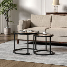 Living And Home Black Round Glass Nesting Coffee Table Set Nest Of Table End Table - thumbnail 2